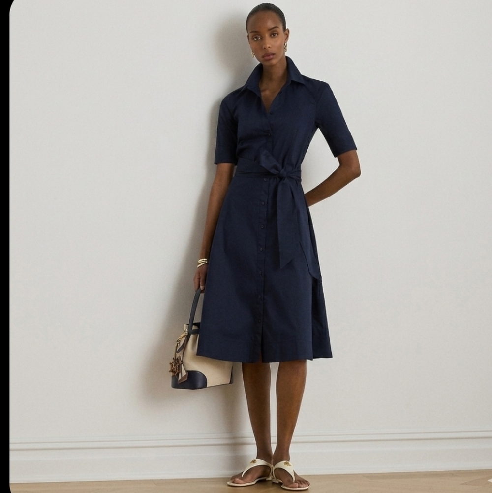 Ralph Lauren Navy Blue Shirt Dress Midi Size 10 Old Money Classic Preppy Stretch